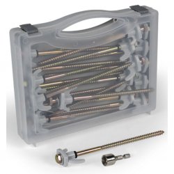 Tent peg box with ground screws for hard grass or dirt surfaces or stony ground. For family tents and awnings.