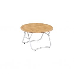 Folding camping table with wooden board and adjustable legs and feet.