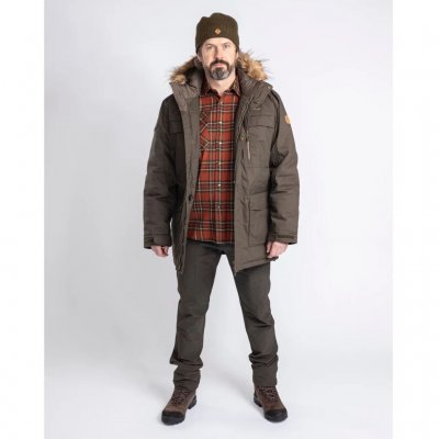 Warm winter jacket with practical pockets and removable hood with synthetic fur.