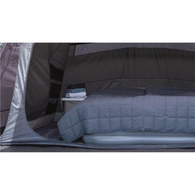 The family tent has a dark-laid extra-long sleeping cabin with high headroom and storage pockets.