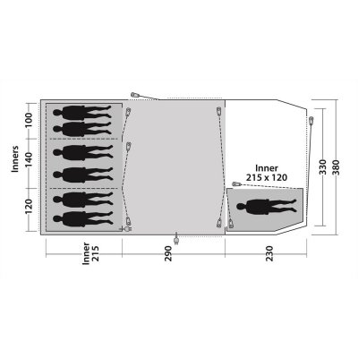 Floor plan Outwell Mallwood 7 Family tent with room for 7 people in 4 bedrooms.