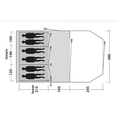 Floorplan Outwell Norwood 6 family tent with room for 6 people in 3 bedrooms.
