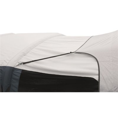 The extension is attached to the tent against the poles or the built-in attachment points on the air tubes.