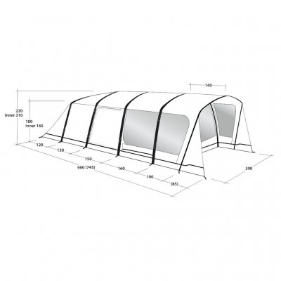 Dimensional drawing for Outwell Hayward Lake 6ATC family tent.