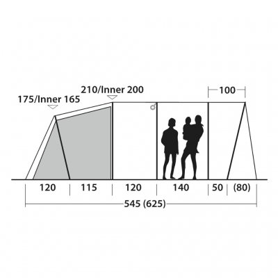 Hoogteschets van de 5-persoons familietent Outwell Denver 5.