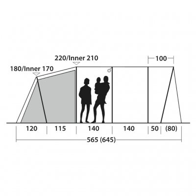 Hoogteschets van de 6-persoons familietent Outwell Denver 6.