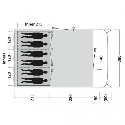 Plattegrond van de familietent Outwell Denver 6. Heeft twee slaapcabines met plaats voor 3 personen in elke.