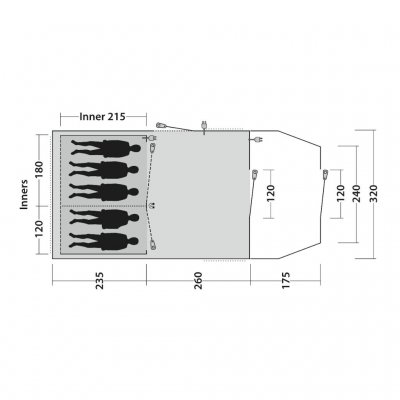 Plattegrond Outwell Phoenix 5 familietent met ruimte voor 5 personen in 2 slaapkamers.