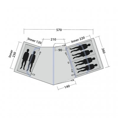 Plattegrond Outwell Hartford 6 Air met ruimte voor 5 personen in 2 slaapkamers.