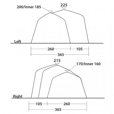 Schets voor de voor- en achterkant van de Outwell Hartford 6 Air-tent