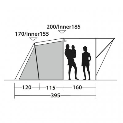 Tekening van het aanzicht van de woon- en slaapcabine van de Outwell Sky 5 familietent.