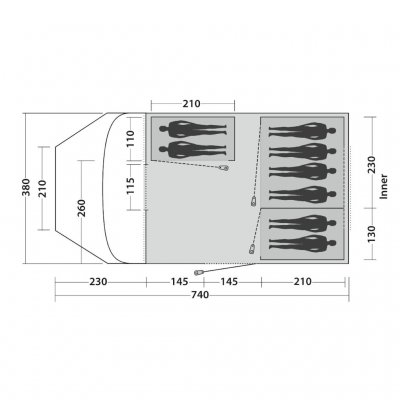 Floorplan for the Easy Camp Palmdale 800 Lux family tent. Two living rooms and three bedrooms.