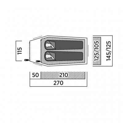 Plattegrond van de Reindal 2 tunneltent met afmetingen, waarop de binnentent, de vestibule en de totale afmetingen staan ​​weerg