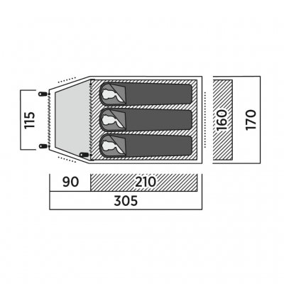 Setesdal 3 koepeltent schuin van de zijkant met open deur, met zicht op ingang, vestibule en ventilatie.