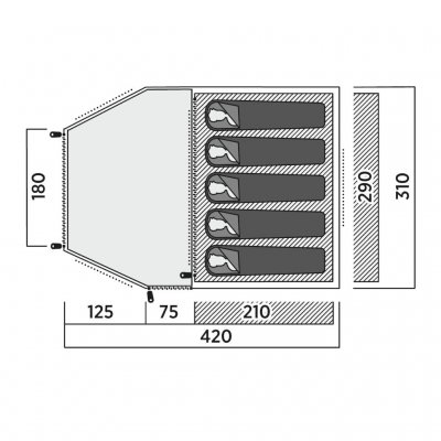 Plattegrond van binnentent en woonkamer voor Easy Camp Kinn 5