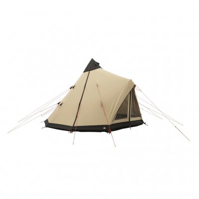 The tent has a door with two large mosquito net windows in front.