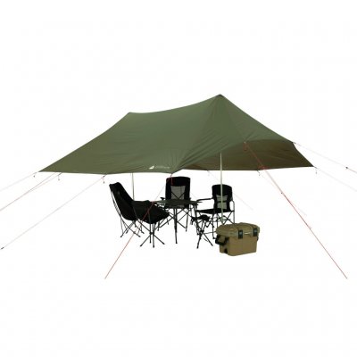 The tarp holds both tables and chairs.