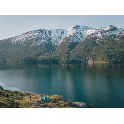 Tent by mountains and lakes with Robens Pioneer 2EX tent.