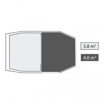 Oppervlakteverdeling van Robens Cima Versa 3 – toont de verdeling tussen voortent en slaapgedeelte voor efficiënt gebruik van de