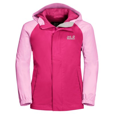Jack Wolfskin Tucan Pink Peony shell jacket for children. Suitable for play, hiking and camping.