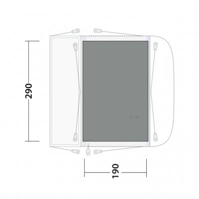 De tentmat bedekt de gehele gemeenschappelijke ruimte van de tent Outwell Parkville 200SA