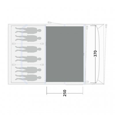 Het tenttapijt bedekt de volledige leefruimte van de familietent Outwell Florida / Alabama 6 Air