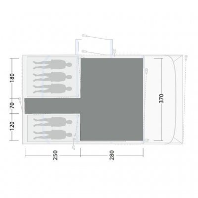 Het tenttapijt bedekt de gehele leefruimte van de familietent Outwell Vermont 7 Air.