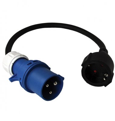 Cable adapter from CEE (16A) male to 230V female with ground.