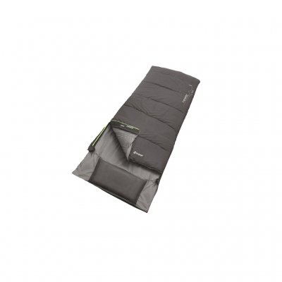 Warm camping sleeping bag with double zippers and integrated pillow.