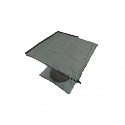 The sleeping bag is completely open with the cold side down