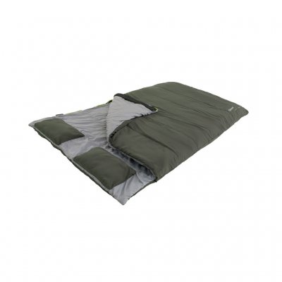 Hoogwaardige dubbele slaapzak van Outwell met een omgevouwen rand die ervoor zorgt dat de rits van de slaapzak niet blijft haken