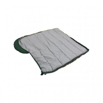 De slaapzak kan opengeklapt worden tot een dekbed.