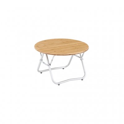 Folding camping table with wooden board and adjustable legs and feet.