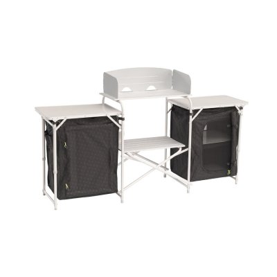 Camping kitchen bench from Outwell with windshield, two relief surfaces, two cabinets and an open shelf for, for example, the ga