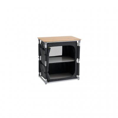 Organiseer uw keuken met het Outwell Padres campingkeukenblok met een robuust houten snijplank en een kast met twee planken.