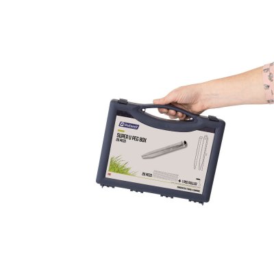 20 semi-round steel tent sticks in a box with handles