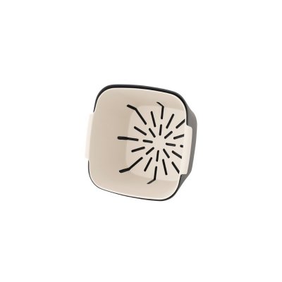 Set of bowl and strainer wherein the strainer is held in the cup for small pack size and smooth operation.