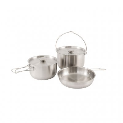 Durable and stylish pan set made of stainless steel that can be packed into a small pack size and comes with a storage bag.