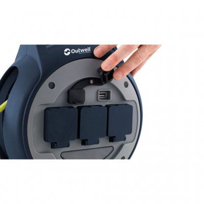 3 pcs 230V sockets which are covered with lids when not in use. The product is IP44 rated