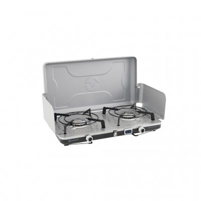 Het deksel en de zijpanelen vouwen omhoog om een windscherm voor het fornuis te creëren