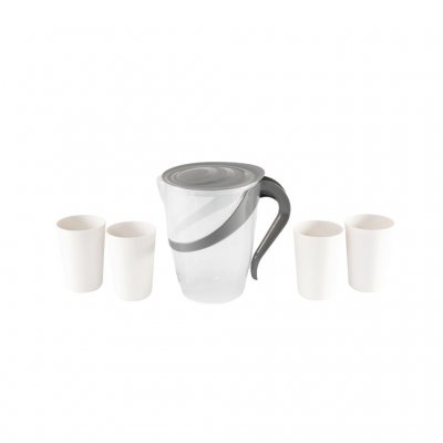 1 large pitcher with a volume of 2.5L. 4 mugs with a volume of 400 ml