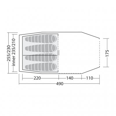 Plattegrond van Robens Cima Versa 4 – toont de indeling met slaapgedeelte en voortent voor slimme indeling en comfort.