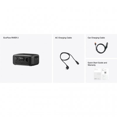 Översikt innehåll EcoFlow River 3 Power Station.