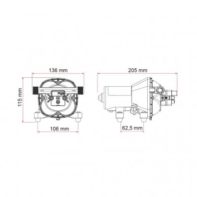 Afmetingen van de Fiamma drukwaterpomp. Schematische tekening 1