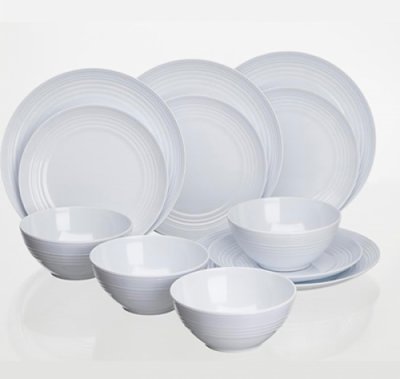 Tableware for camping for four people in Melamin with a silicone ring underneath so as not to slip or rattle.