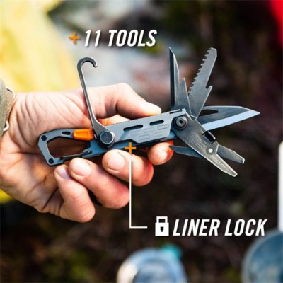Gerber Stakeout multi-tool with 11 tools and lockable blade.