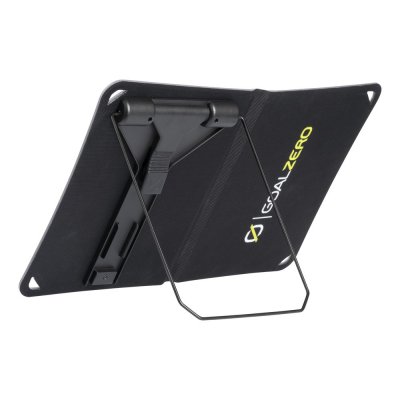 Back side of Goal Zero Nomad 10. A support leg holds Nomad 10 upright