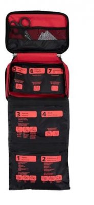 The bag can easily be hung and has three compartments and a mesh pocket and a side pocket for extra storage.