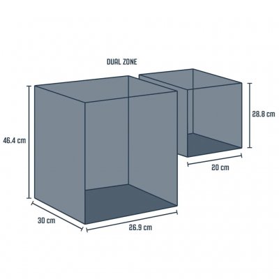 Afmetingen van de dubbele compartimenten in de Outwell Arctic Frost 55 compressor koelbox.