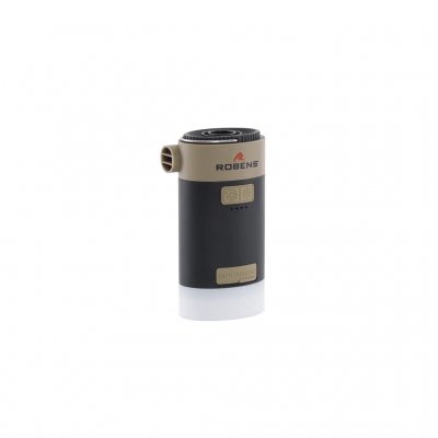Compacte en duurzame batterij-aangedreven luchtbedpomp die ook functioneert als lamp en powerbank.